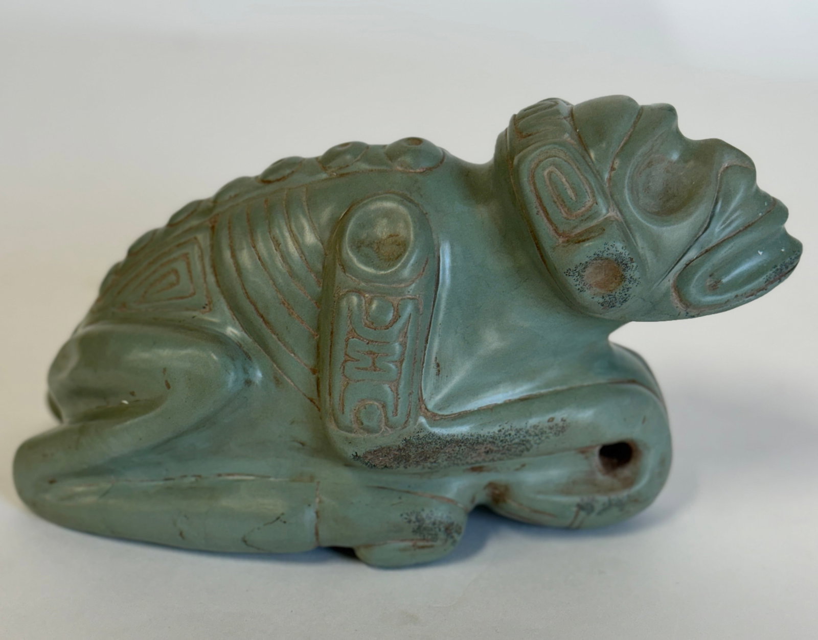 Taino Arawak Animal Figure in Green Stone: Nicely carved 4 3/4"H x 8"L