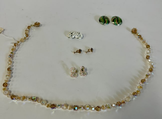 Sgd. Jewelry inc. Van Dell. McCann Etc. (5): Pr. Van Dell 1/20 K GF earrings with blue stone (screw backs); Lisner enameled white clip earrings, sgd.;Coro pink enameled earrings , sgd (clip backs); Judith McCann sgd, 1950's crystal necklace and