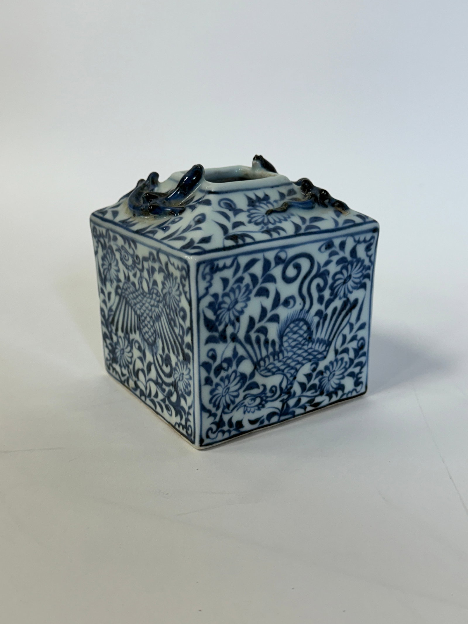 Scholar's Desk Flower Pot: 4" x 4" White with blue painted pheonix and salamander relief. Perfect Condition. C. 1800