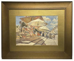 Florence Robinson; American Watercolor Flower Market in France. Signed lower right; 11.75in. x