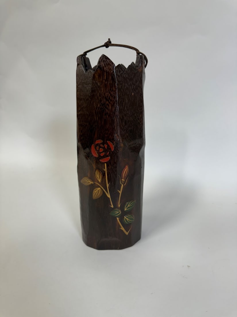 Japanese Antique Laquered Bamboo Vase: Raised and quilded laquer design on carved bamboo vessel with hammered copper liner. Mint condition. C. 1860 - 1890. 10”H