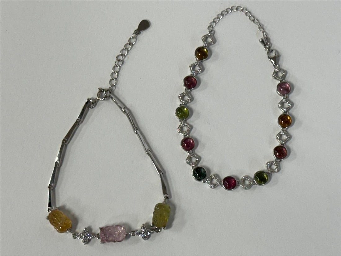 2 Sterling Braclets w/ Gemstones: Peridot, Rose Quartz & Topaz colored stones.