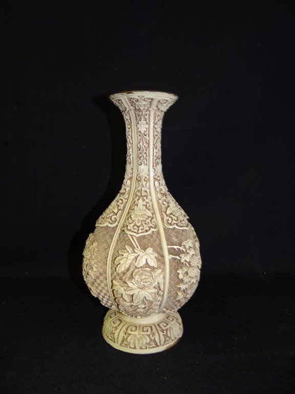 Chinese ivory cinnabar vase: Carved ivory cinnabar vase; 12.5in. H.