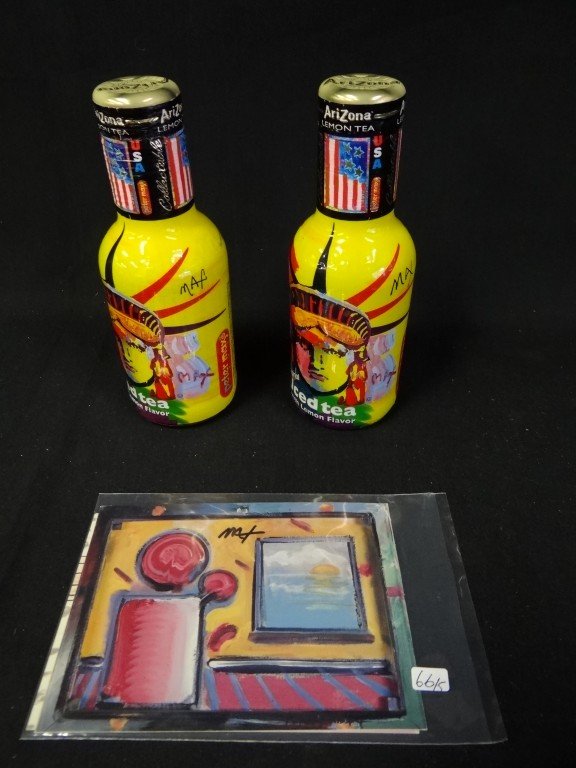 Lot of Peter Max autographed items: Three(3) Peter Max postcards signed ; Two(2) autographed iced tea bottles(5 pieces total)