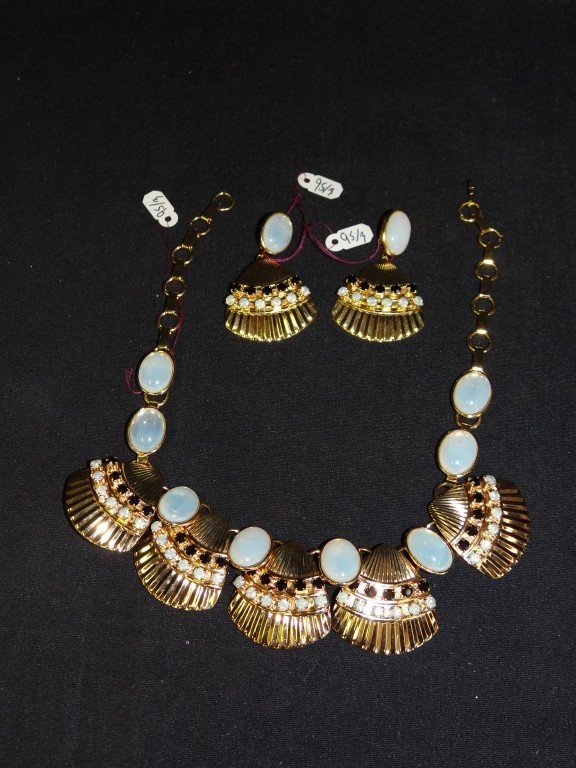 Designer Necklace and Earrings: Shell Shaped sections set with "sapphires" and "moonstones". Clip Earrings.