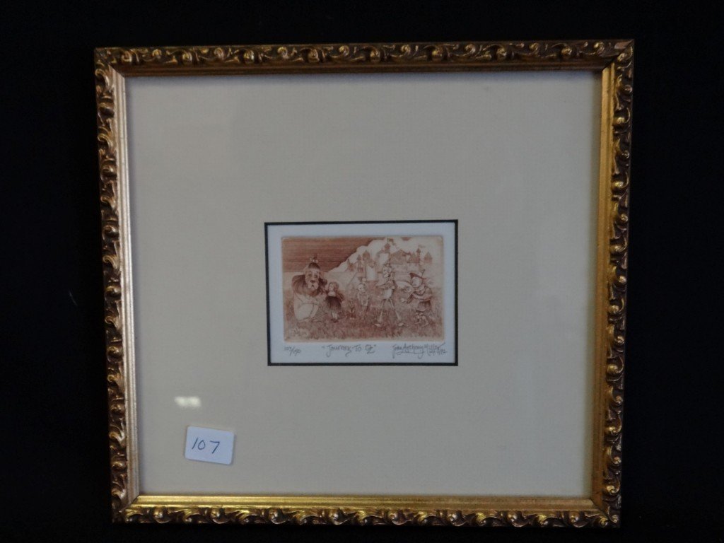 Journey to Oz Lithograph: Ltd. Edition "Journey to Oz" Lithograph. Signed John Anthony Miller. Numbered 103/150. Imp. 2/92 Matted and framed; 2.5in. x 3.5in.(sight size), 8.5in. x 9.5in. overall framed.