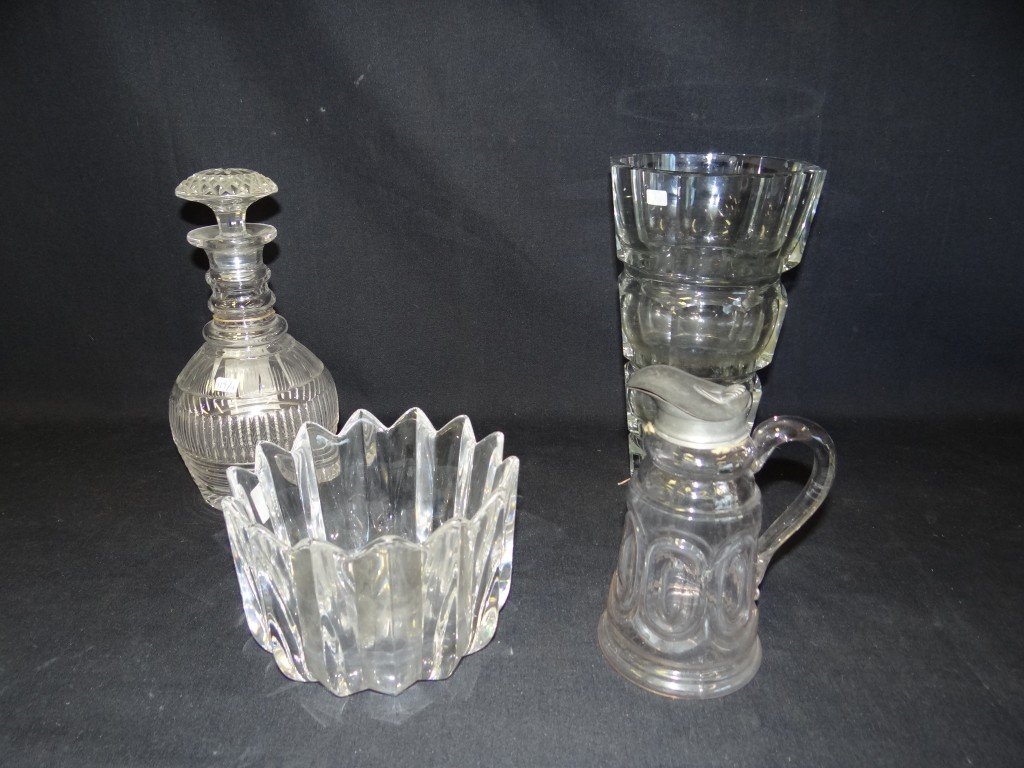 Glass Lot inc. Signed Orrefors: The lot includes a C. 1900 decanter in the manner of an early Georgian one , Made by Stuart Glass with molded collars; a hinged lidded antique syrup; a heavy beveled glass vase probably by Bacccarat b