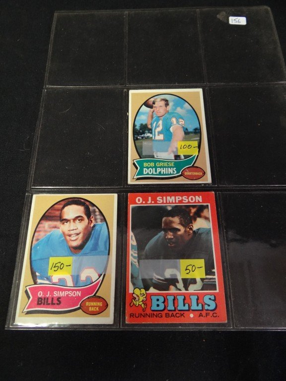 Three Collectible Cards inc.: Lot includes O. J. Simpson Bills 90 card T. C. G.; and O. J. Simpson bills Running Back AFC card 260 T. C. G. Also in the lot is Bob Griese Dolphins card # 10