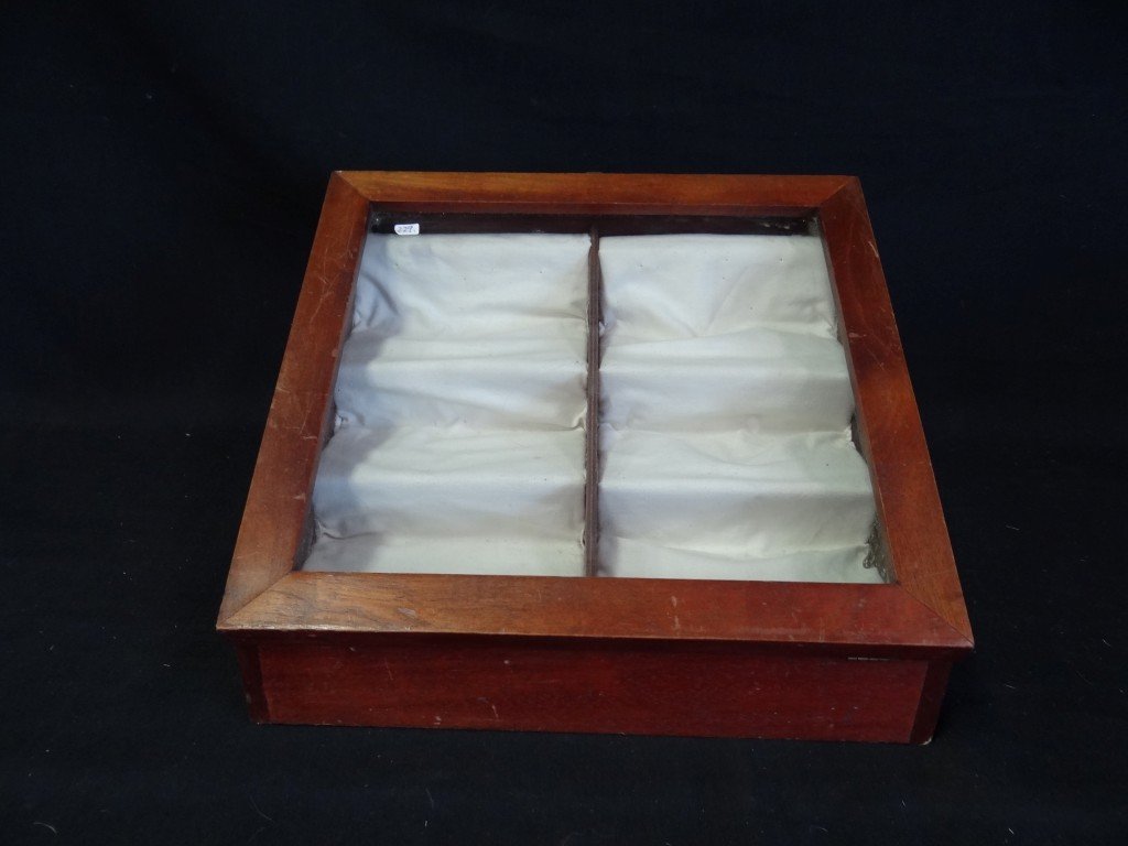 Vintage wooden Store Display Case: Table top six(6) shelf tiered display case. Hinged glass door; 9.5in. H. x 14in. W. x 11in. D.