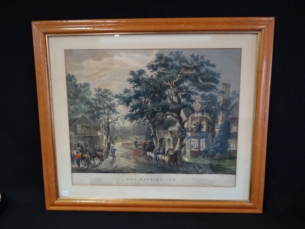 Currier & Ives Lithograph: Original Currier and Ives Lithograph, " TheWayside Inn" in a pegged period birdseye maple frame