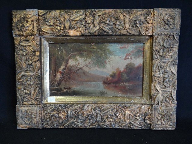 19th C. American School; oil painting: Oil on board, Hudson River scene with figures in a rowboat. Fancy ornate frame; 6.5in. X 12in.