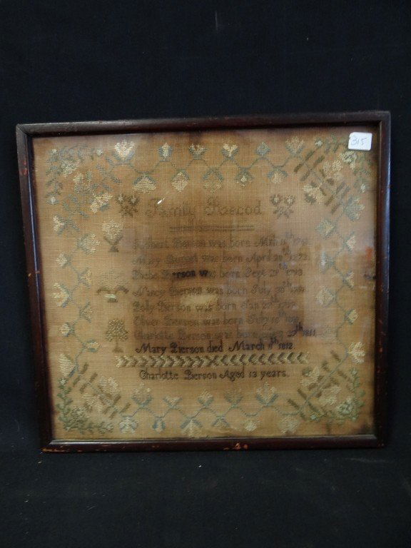 Needlework Sampler: As is. Pierson Family Record. 1768 through 1812. Done by Charlotte Pierson 13 yrs. 13in. X 14in.
