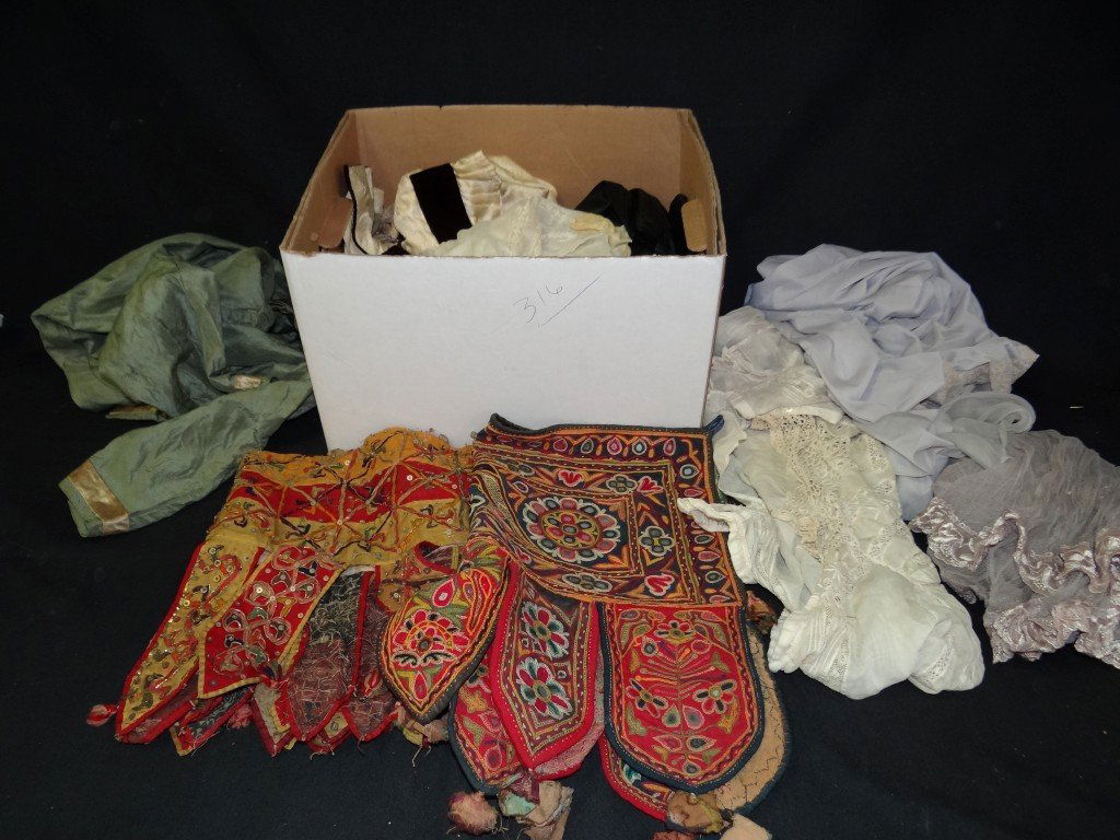 Box Lot of Victorian & Other Bodices: Lacy Victorian bodices and others; Middle Eastern beaded and embroidered runner and other items