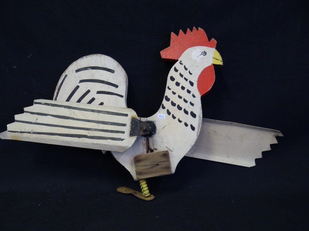 Painted Rooster Whirligig: Painted wood; 14.5in. H. x 24in. W.