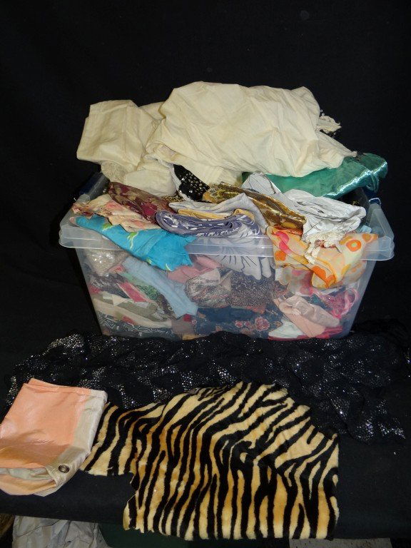 Large lot of Vintage Dresser Scarves and Fabric: Two(2) large bins of assorted items