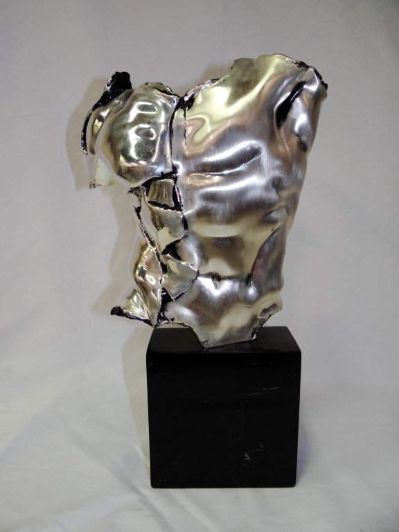 20th C. modernist .999 silver sculpture: Modernist .999 silver sculpture Male Torso with impressed mark. Marble base; 10in. H., 15in. H. with base