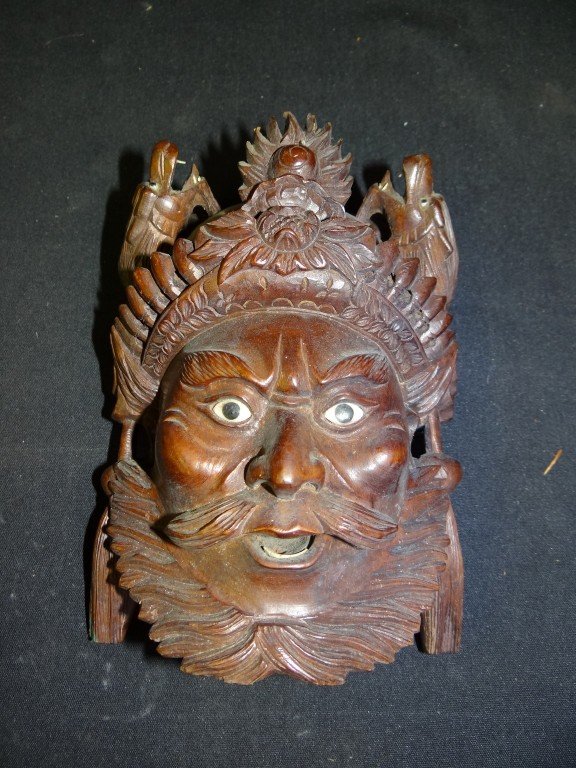 Balinese Carved Wood Mask: Well detailed carved wooden mask 7"H.