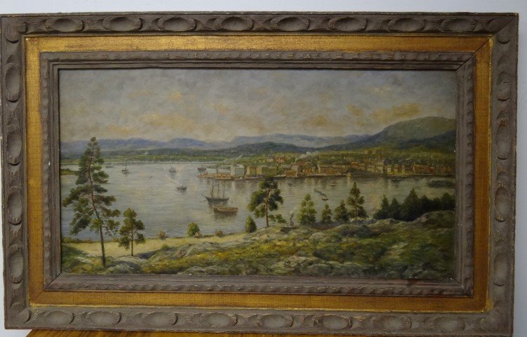 Alfred R. Waud; Oil painting signed: Oil on panel, On the Hudson signed l.r.; 13.5in. X 25.5in.