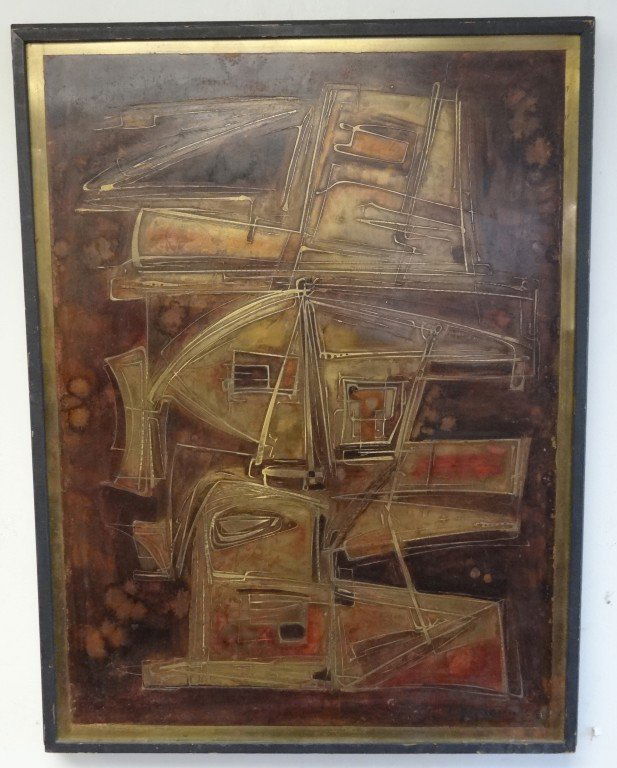 Pietro Consagra; 20th C. Italian Modernist plaque: 20thC. Italian Modernist. Carved and painted brass and wood plaque, Abstract Composition signed l.l.; 24in. X 18in.