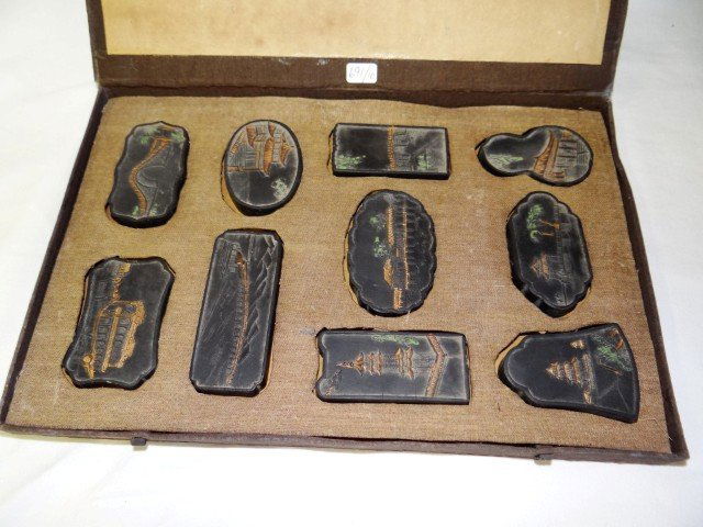 Set of ten(10) Chinese printing stones: Ten(10) carved printing stones. Fitted case; Various sizes