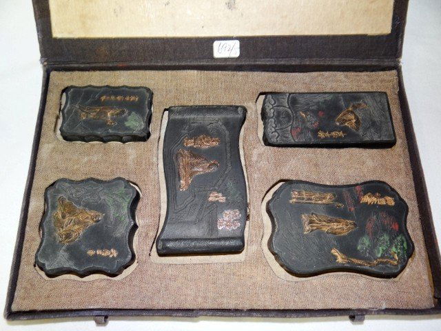 Set of five(5) Chinese printing stones: Five(5) carved printing stones. Fitted case; Various sizes