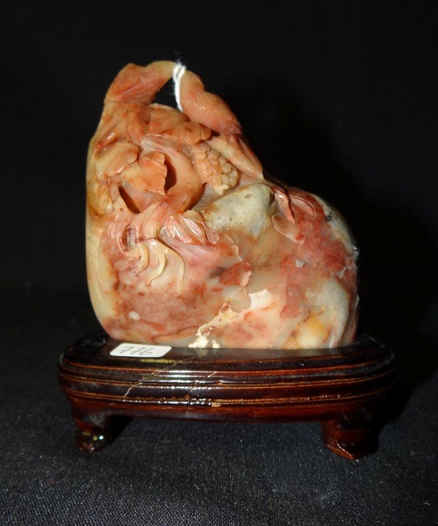 Chinese Hardstone Carving with Birds: On a teakwood base. 4 1/2"H.