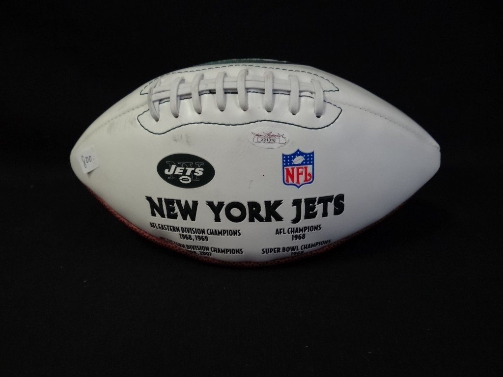 NY Jets autographed football: Autographed football including: Randy Beverly(42), Bob Jackson(40), Harry Williams(18), T. Johnson(97). Accompanied by certificate of authenticity
