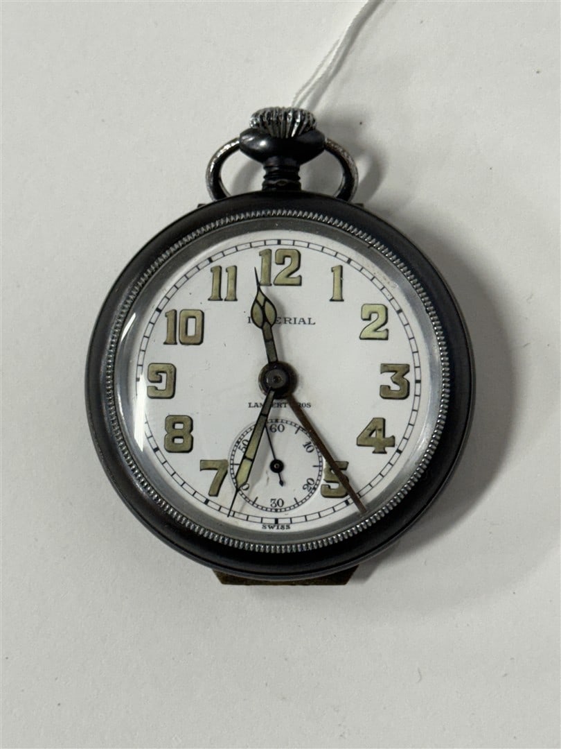 Lambert Bros. Imperial Co Pocket Watch: Marked Imperial and Lambert Bros on the dial. Marked Imperial Watch Co. and 13 Jewels at the inside. Also marked Union Swiss. Open face antique pocket watch Brass fittings. Silverplate or Coin silver