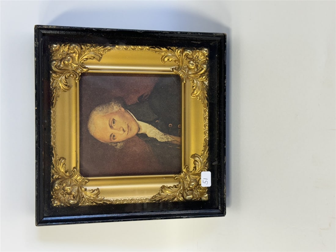 Shadow Box Frame with Portrait of Man: Intricate gilt frame surrounds portrait of a 19th C.man. All encased in a black shadow box frame for viewing.8"x8" sqare.