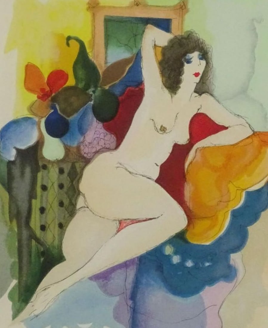 Tarkay Limited Edition Lithograph w/COA: “Amalie Reclining” 327/350 12.5” x 12.75” frame antique gold 21” x 21”