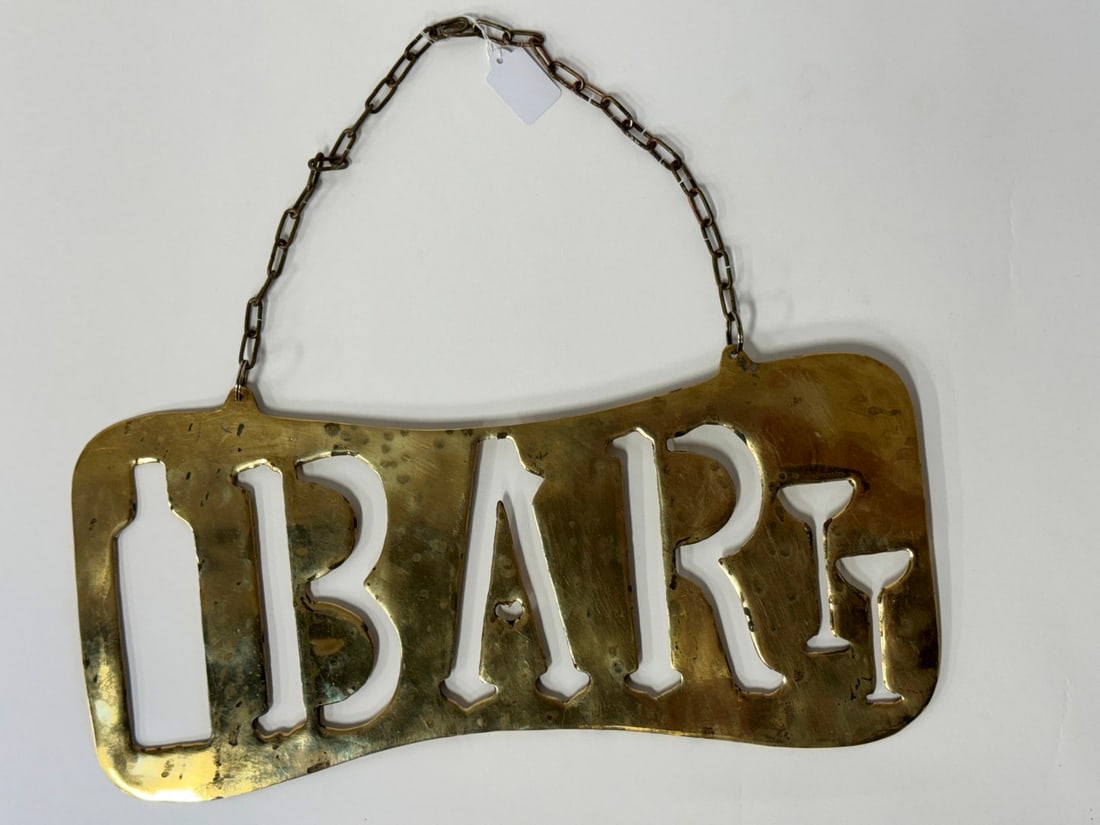Vintage Bras Bar Sign with Cut- Outs: Cut-outs of wine glasses and bottle. With chain for hanging. . Heart in the A. 15" W x 7"H (without chain)