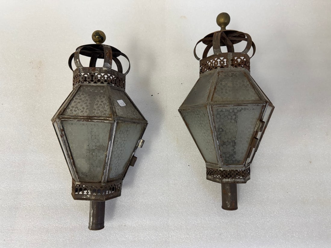 Pair of Early Tin and Glass Candle Lanterns: 15"H