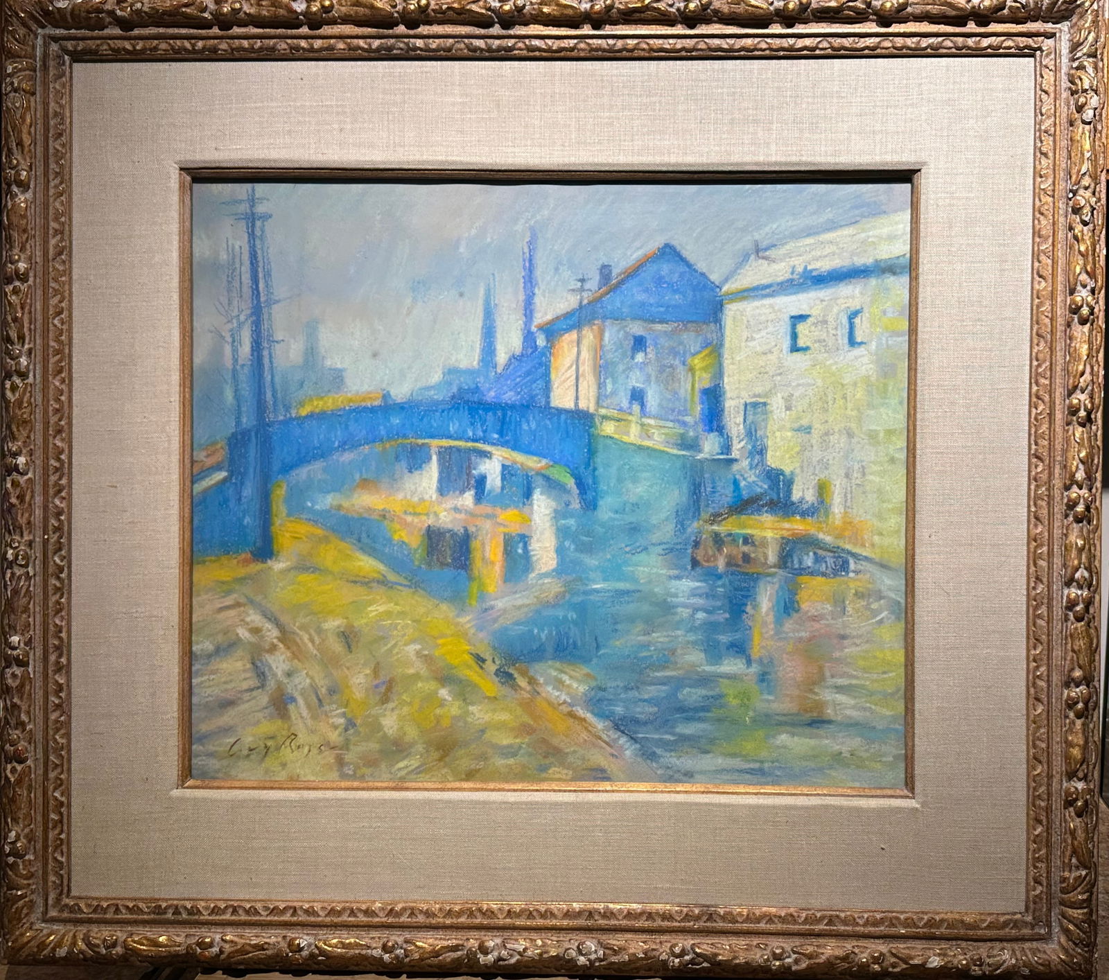 Guy Rose; Rare and Important Pastel "Sunlit Canal" Signed: Guy Rose(1867-1925) Pastel on heavy gray paper. "Sunlit Canal" Signed lower left. (possibly Giverny, France); 16.5in. X 19.5in.(image), 26in. X 29in.(framed)
