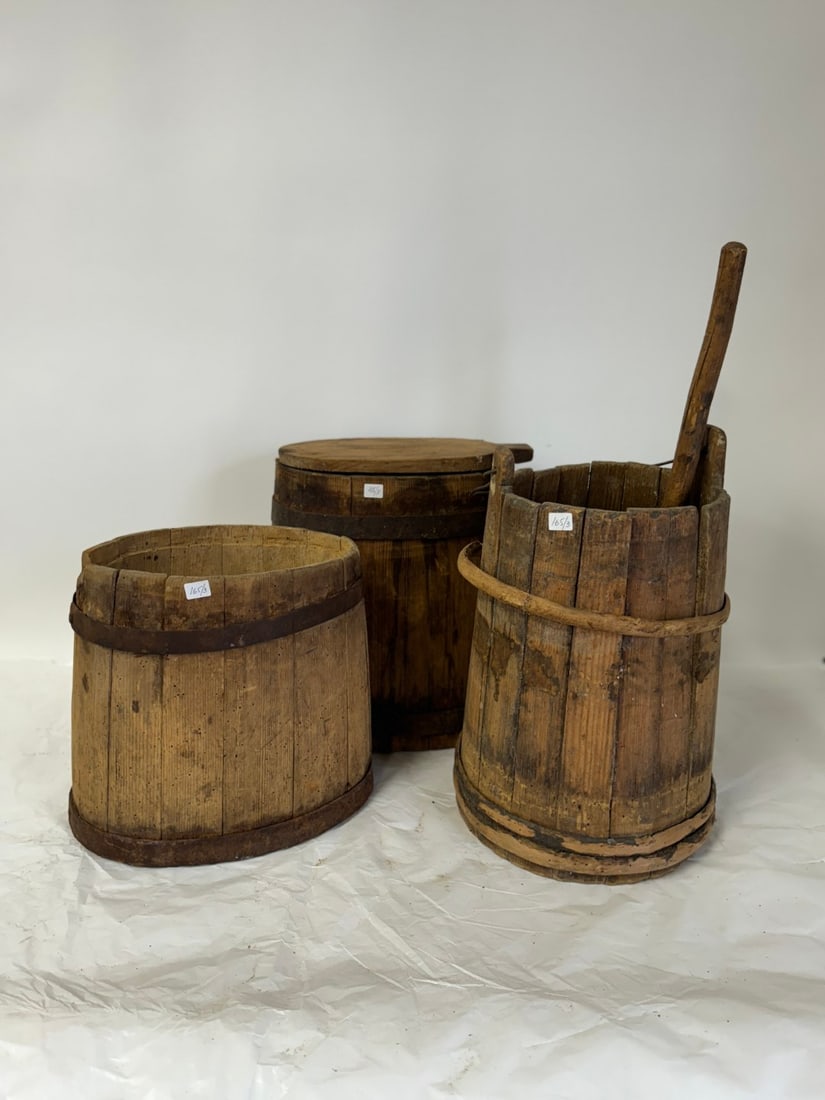 Three(3) Primitive Wood Buckets (1 of 2)