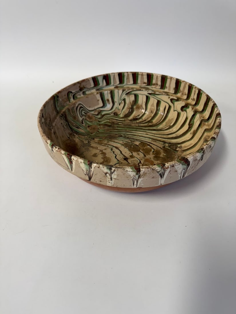 Antique French Pottery Bowl: Spatter glaze; 4in.H. x 12.5in.D.