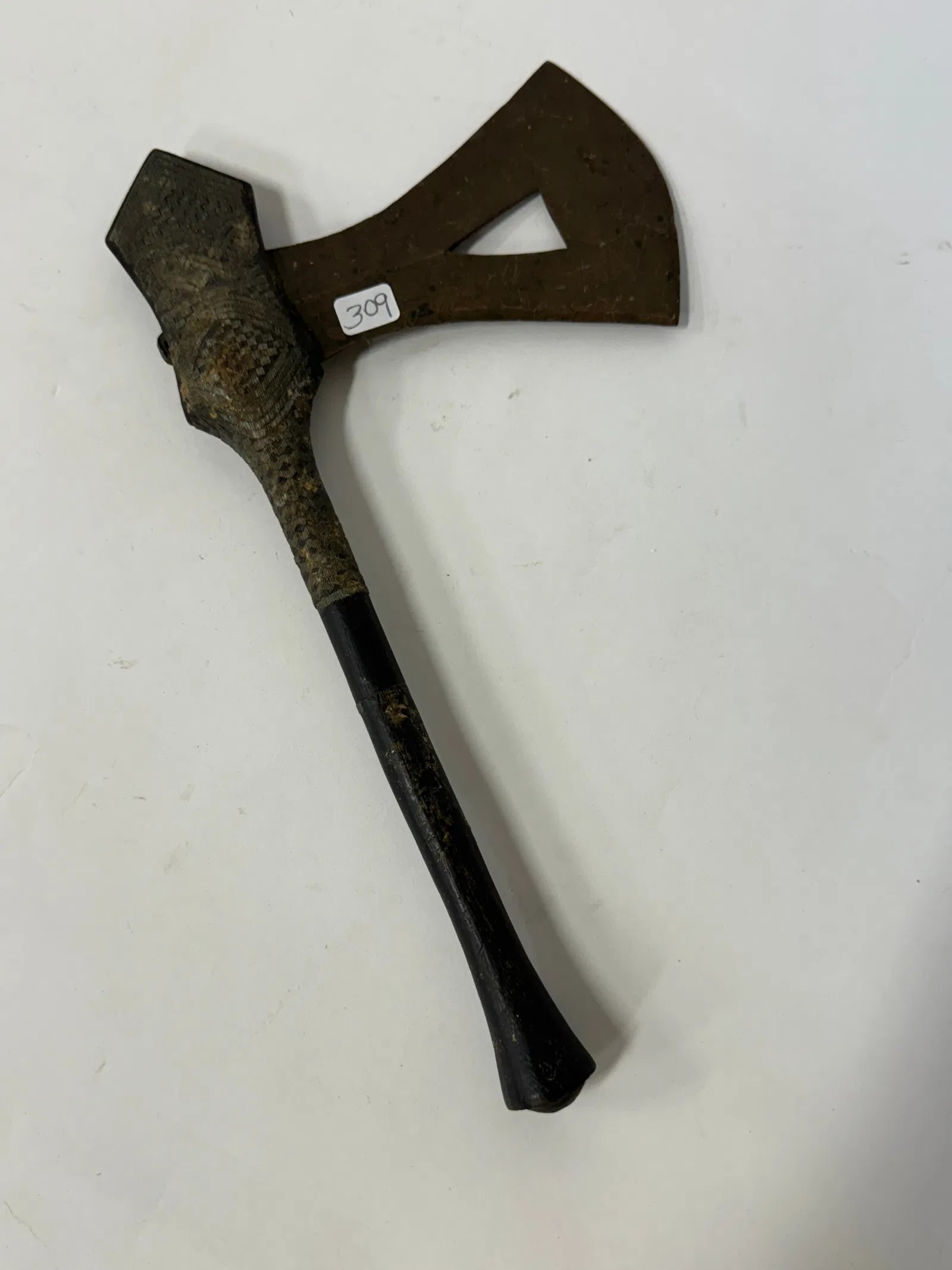 Songe Axe: Carved Wood & Hammered Steel. Congolese Africa. Detailed design.