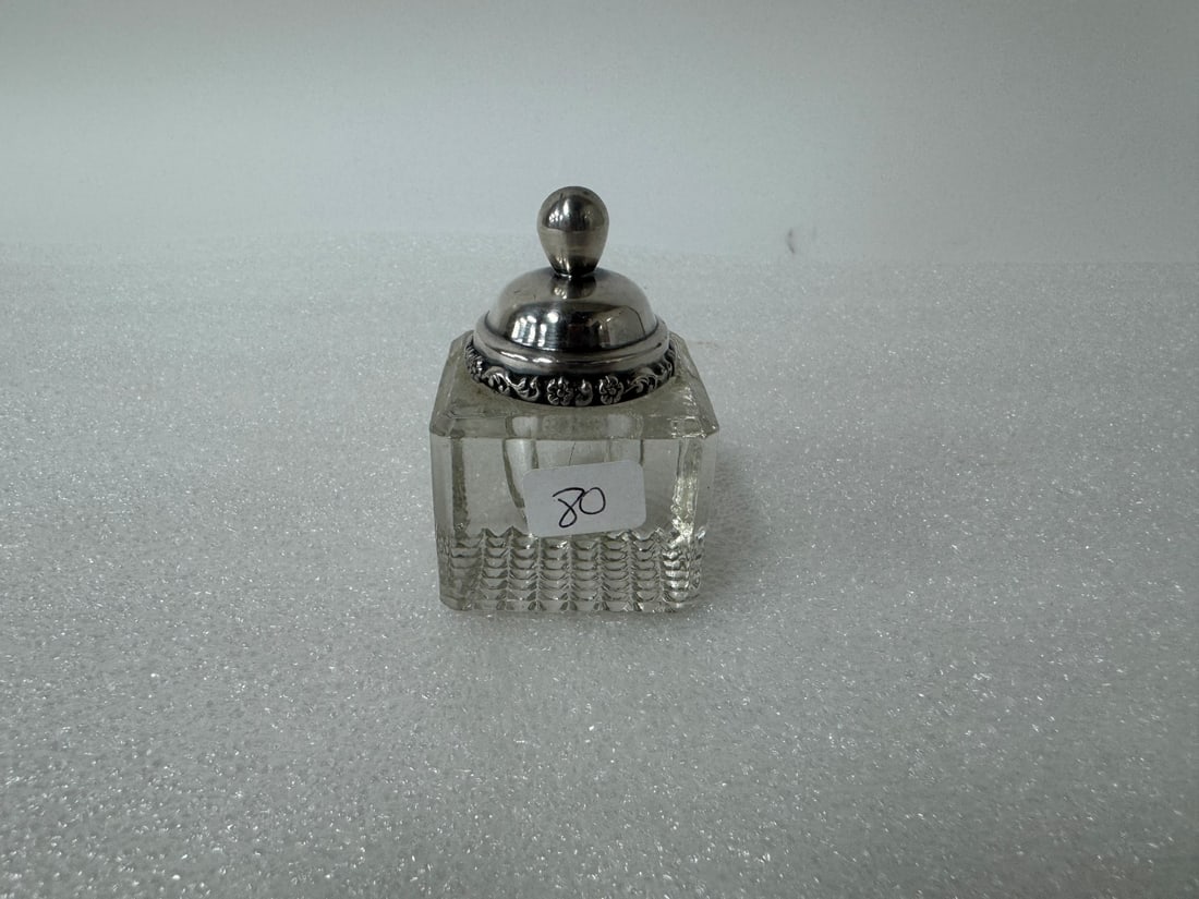 Victorian Inkwell: Clear glass. Fancy silver top 2 3/4"H