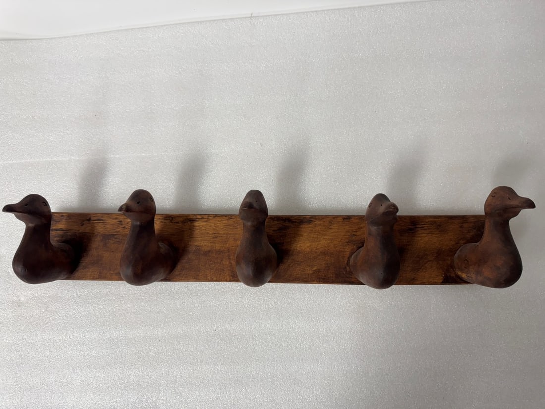 Antique Carved Wood Duck Coat Rack: Carved wood duck coat rack; 5in.H. x 24in.W.