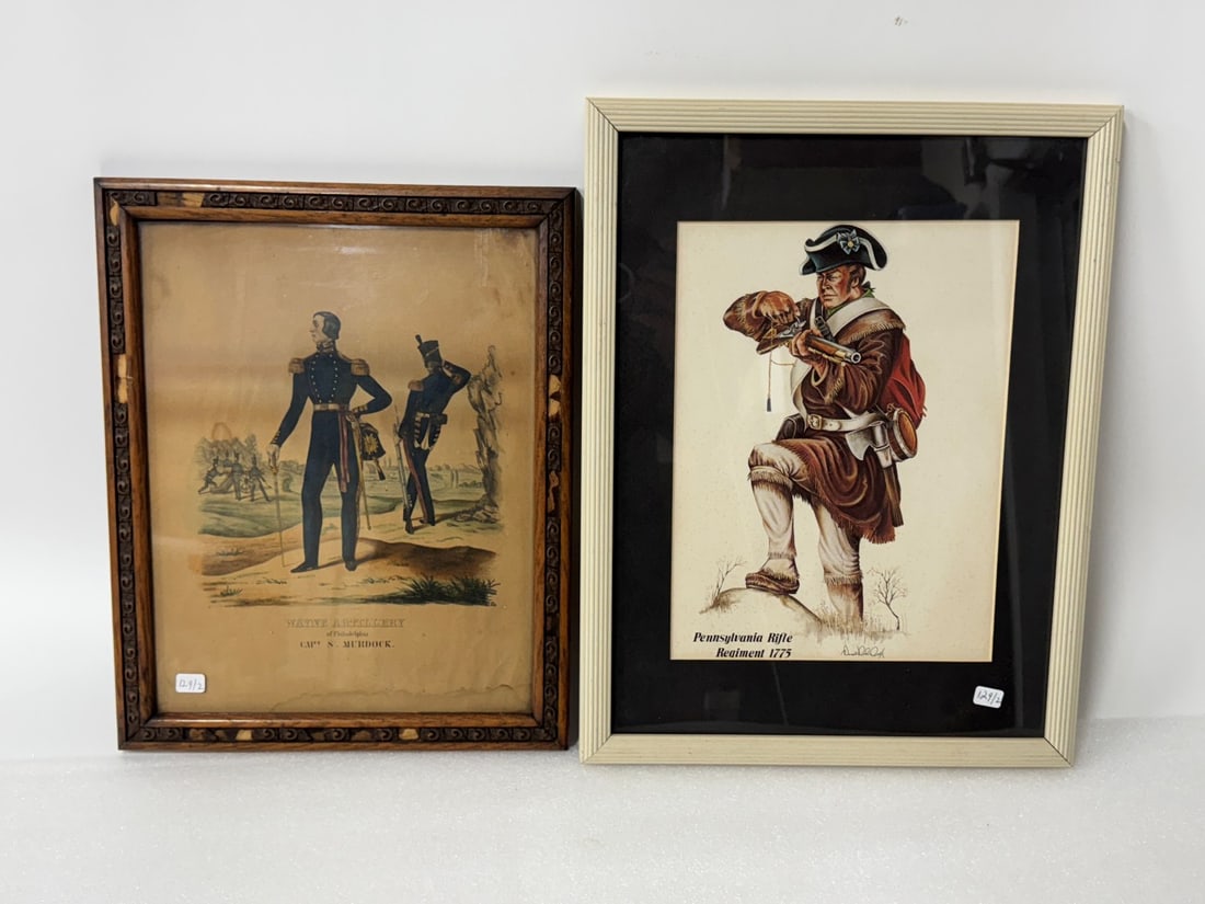 Two Early Military Prints: Pennsylvania Rifle Regiment 1775 Sgd. Cook, matted and framed and a 19th C, Engraving, Wayne Artllery of Philadelphia, Capt. S. Murdock (frame as is). Some staining at bottom (easily matted) 16"H x 12