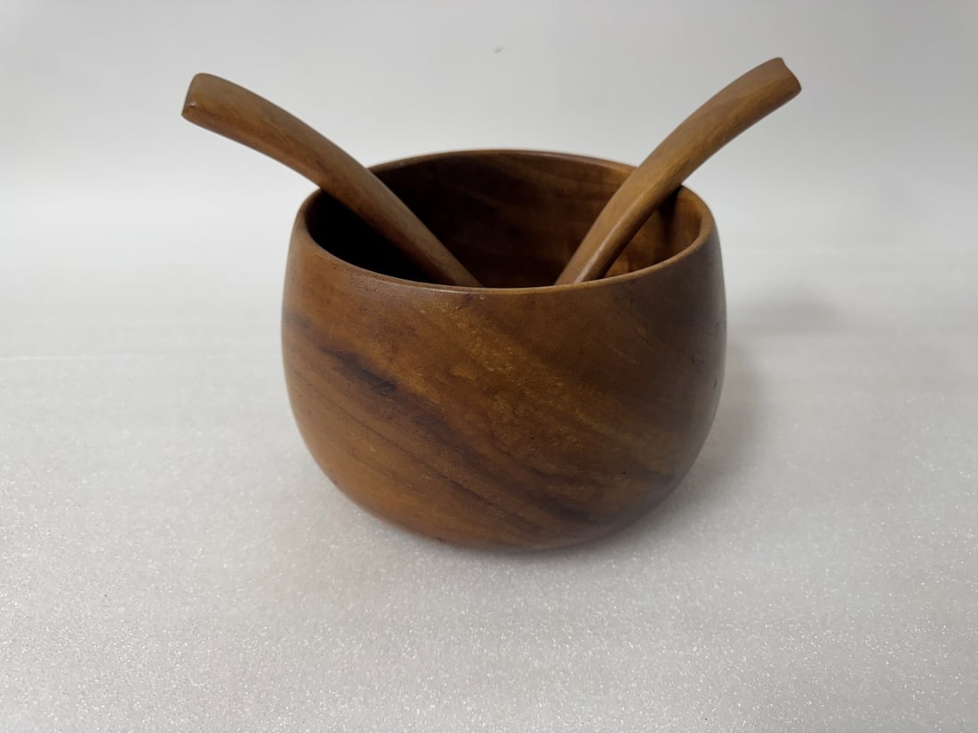 Good Quality MCM Wooden Salad Set: Artist sgd. on the bottom . With serving pcs. (2) Three parts to the set. 6 1/2"H x 9"W
