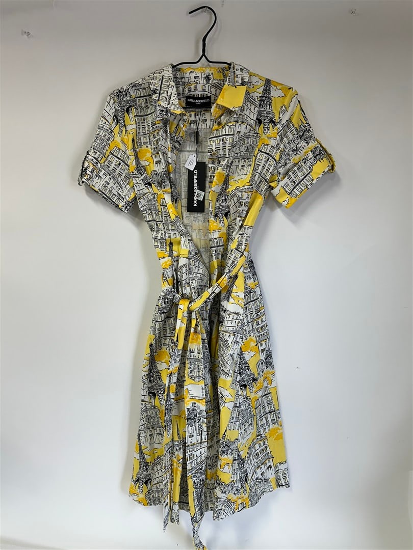Karl Lagerfeld Paris Dress: As pictured. Scenes of Paris on dress Size 4. With original tag. Never worn. No longer available.