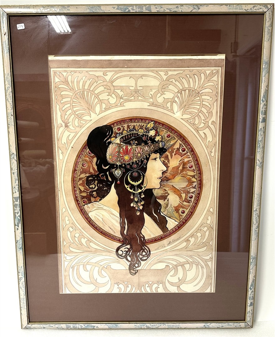 Demetrij Achkasov; 20thC. Ukrainian Watercolor Signed: Watercolor on paper. Art Nouveau portrait after Mucha. Signed; 26.5in. x 18.5in.(image), 36in. x 27.75in.(framed)