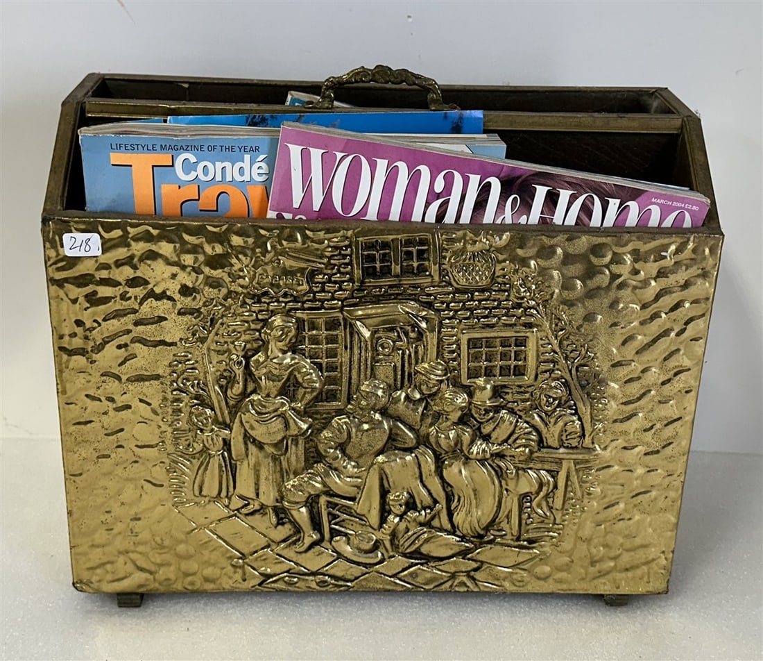Brass and Wood Magazine Holder: 11 1/2"H x 14 1/2"W