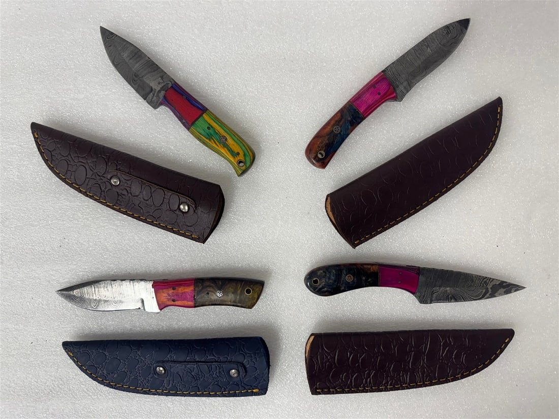 Damascus Steel Knives in Sheaths (4): All different. Varying sizes. Custom made. Four in the lot. As pictured