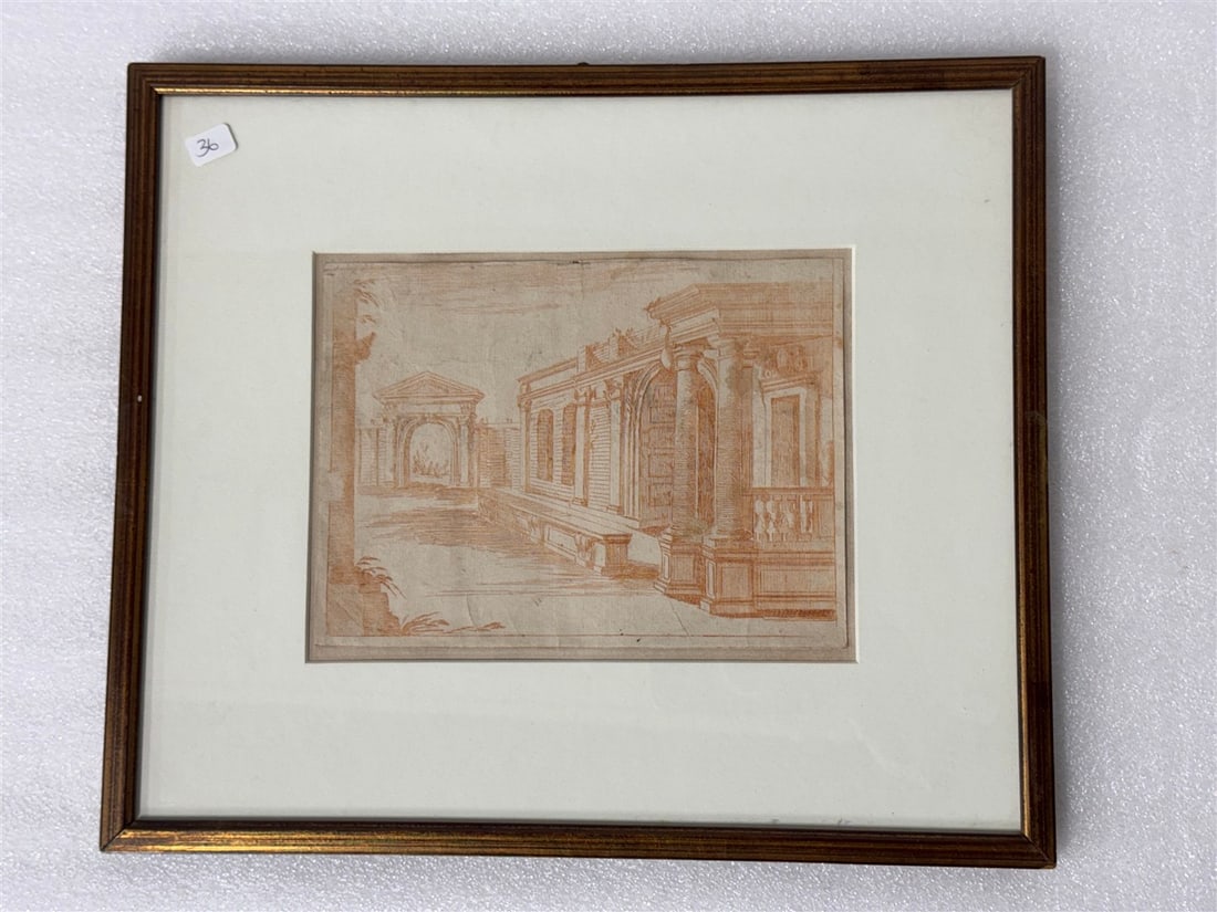 Classical Drawing in Conte Crayon: Courtyard with Columns 13"h X 15"w