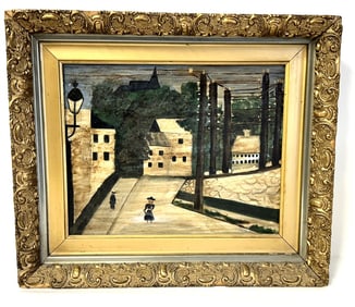 Spranklin; American Naive Oil Village Scene Signed
