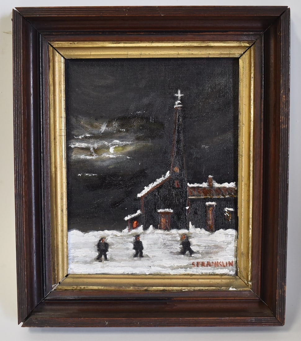 Spranklin; American Naive Oil Village Scene Signed: Oil on canvasboard. A Village Scene in Winter. Signed lower right; 10in. x 8in.(image), 13.5in. x 11.5in.(framed) Dated 64