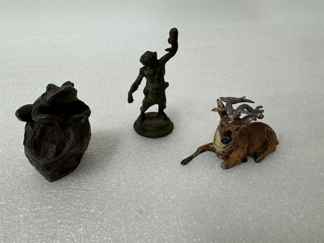 Collector's Lot Cabinet Bronzes (3): A German polychromed figure of a deer; a bronze frog figure and a cabinet bronze Hercules figure. 3 1/2"L, 2 3/4"H and 3 1/2"H. Three items in the lot