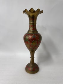 Antique Enameled Brass Vase