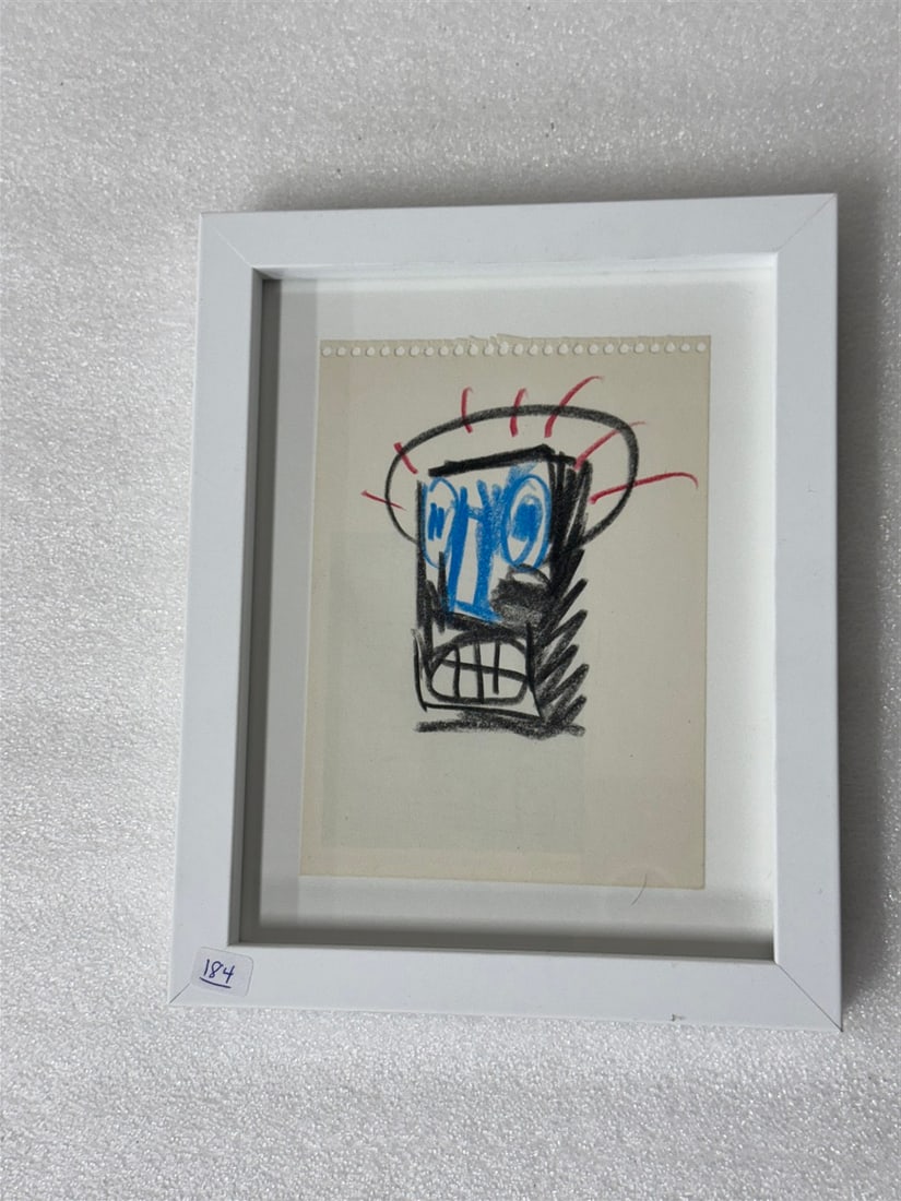 Basquiat Drawing: Jean Michel Basquiate drawing with information label on the reverse Framed